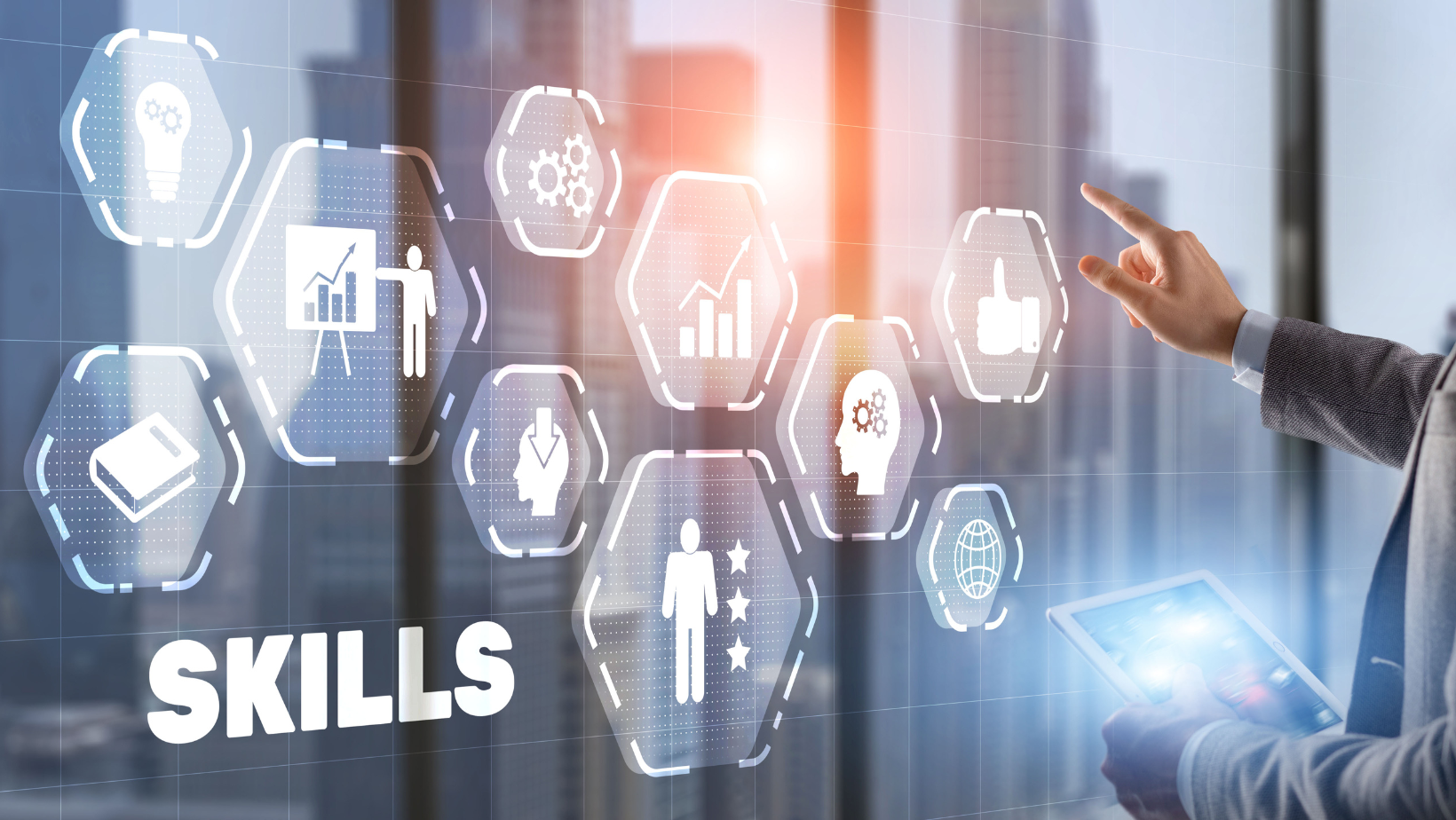 Icons representing different tech skills and tools are displayed around them, symbolizing the comprehensive guide to enhancing tech skills beyond coding